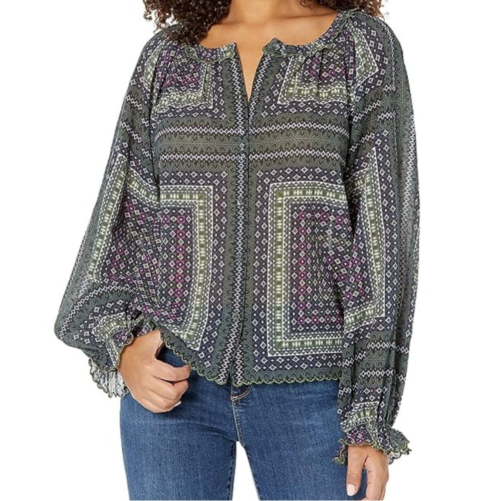 JOIE Moneta Green & Magenta Geometric Print Ruffle Neck Sleeve Crop Blouse - M